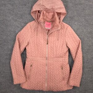 Kate Spade Jacket Womens Small Pink Quilted Puffer Stowaway Hood Gold Zippers